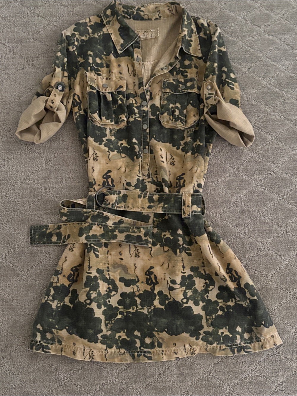Da-Nang Tan and Black camo Floral Mini Shirt Dress